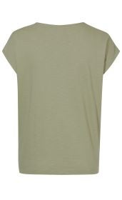 Rückansicht eines einfarbigen, hellgrünen Baumwoll-Shirts mit kurzen Ärmeln und rundem Halsausschnitt, schlicht und ohne Muster oder Aufdruck, locker geschnitten.