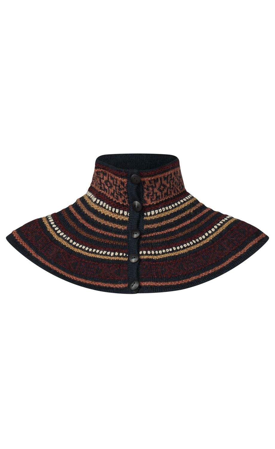 Strickkragen in Flared-Form mit Knopfleiste vorne, gemustert in Schwarz, Rot, Braun und Beige mit geometrischen und Streifenmotiven, hoher Stehkragen, fünf schwarze Knöpfe mittig, warme Wintermode