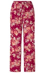 rosa-rote Viskose-Hose mit weitem Bein und elastischem Bund, geschmückt mit floralem Muster in verschiedenen Rosé- und Beigetönen auf pinkem Hintergrund