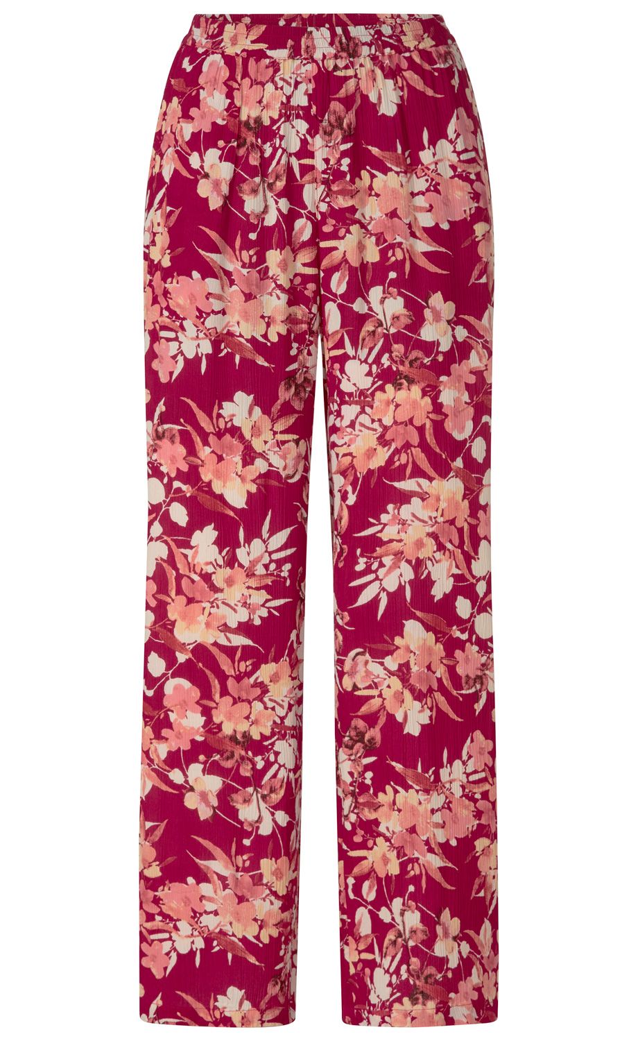 rosa-rote Viskose-Hose mit weitem Bein und elastischem Bund, geschmückt mit floralem Muster in verschiedenen Rosé- und Beigetönen auf pinkem Hintergrund