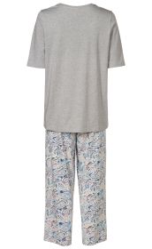 Baumwoll-Pyjama, graues Kurzarmshirt, weite lange Hose mit blau-rosa Paisley-Muster, Rückansicht, lockere Passform, bequem und leicht