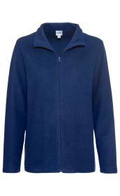 Dunkelblaue Baumwoll-Jacke mit durchgehendem Reißverschluss, Stehkragen und langen Ärmeln, schlichtes Design, leicht strukturierter Stoff, ohne sichtbare Taschen oder Muster, Größenetikett innen sichtbar