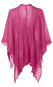 Viskose-Stola in Pink, leicht transparent, locker gestrickt, asymmetrischer Saum mit wellenförmigem Abschluss, weiche, fließende Stoffqualität, Rückansicht auf weißem Hintergrund