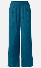 Blaue Viskose-Mix Hose mit weitem Bein, elastischem Bund und feiner vertikaler Struktur, locker geschnitten, ohne Taschen, vor hellem Hintergrund