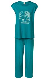 Türkisfarbener Baumwoll-Pyjama bestehend aus kurzärmeligem Oberteil mit weißem Elefantenmotiv und langen Hosen, gerade geschnitten und ohne Muster, bequem und schlicht.