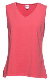Rotes ärmelloses Baumwoll-Mix-Top mit V-Ausschnitt und seitlichen Schlitzen, leichter, bequemer Stoff, Größenetikett sichtbar, schlichte und moderne Form