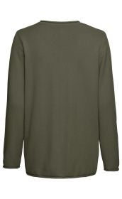 Baumwoll-Pullover in Olivgrün, Ansicht von hinten, langärmlig, gerader Schnitt, feine Struktur, Rundhalsausschnitt, minimale Nahtdetails an Schultern und Ärmeln