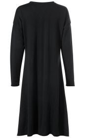 Schwarzes Baumwoll-Mix-Kleid, langärmlig, locker geschnitten, fließender Stoff, hinten abgebildet, knielang, klassische Passform, schlichtes Design ohne Muster oder Verzierungen