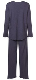 Dunkelblaues Baumwoll-Pyjama Set bestehend aus langärmligem Oberteil und weiten Hosen, Rückansicht, mit wellenförmigen Säumen an Ärmeln, Saum und Hosenbeinen