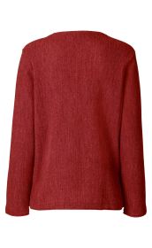 Rückansicht eines roten Alpaka-Pullovers mit langen Ärmeln, ohne Muster, aus feinem, weichem Strickmaterial, schlicht und einfarbig, mit locker fallendem Schnitt und leicht gerundetem Saumabschluss