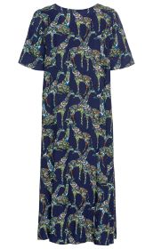 Viskose-Kleid in dunkelblau mit farbenfrohem, dekorativem Giraffenmuster, kurzen Ärmeln, rundem Ausschnitt und lockerem, knöchellangem Schnitt