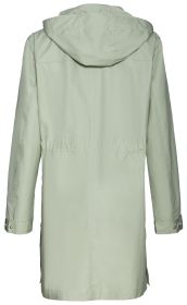 Leichte hellgrüne Baumwoll-Jacke mit Kapuze, elastischem Bund in der Taille, langen Ärmeln mit verstellbaren Manschetten, zurückseitig gesehen, mittellang und schmal geschnitten