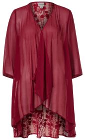 Rote Viskose-Jacke mit 3/4-Ärmeln, offenem Frontdesign und asymmetrischem Saum, leicht transparent mit floraler Spitzenverzierung am unteren Rückenbereich, Größe 38