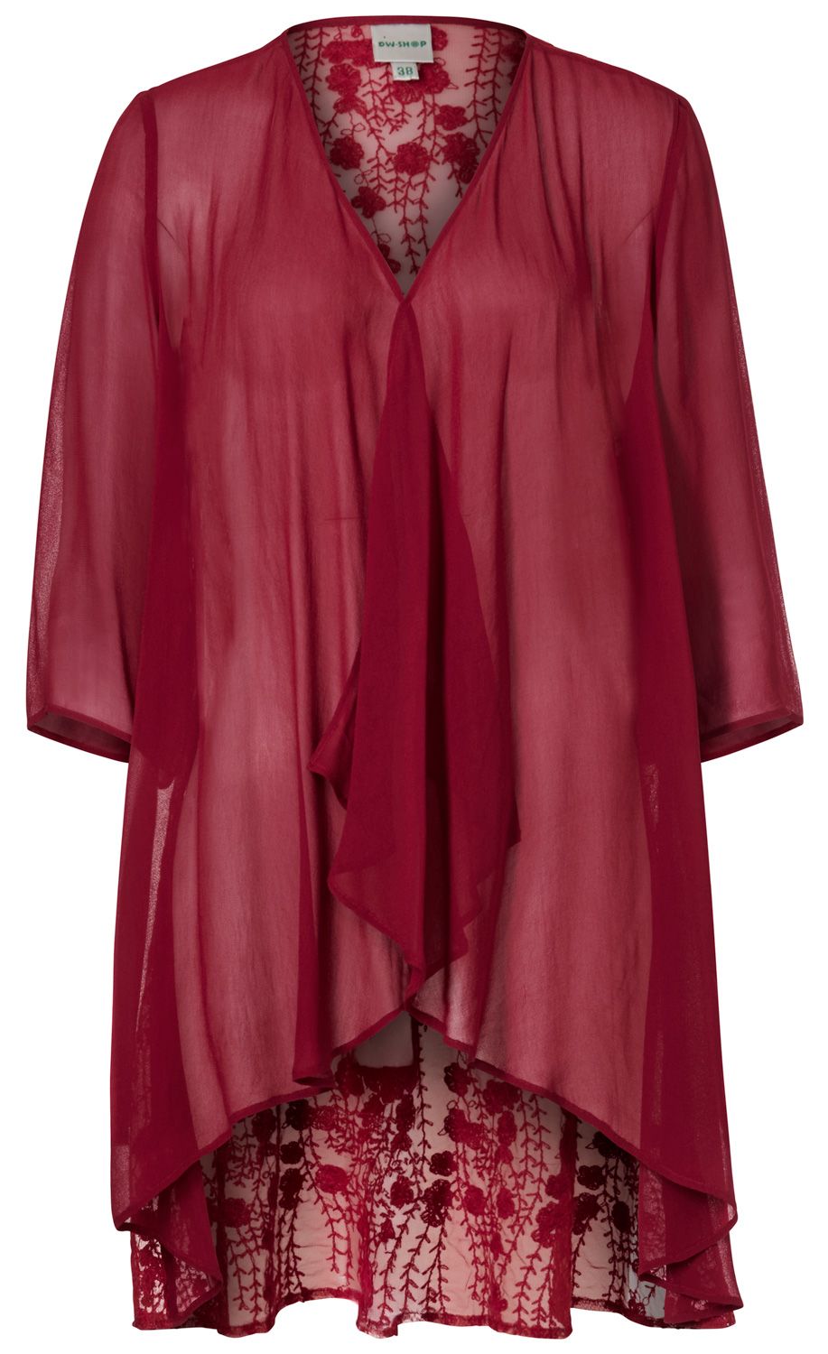 Rote Viskose-Jacke mit 3/4-Ärmeln, offenem Frontdesign und asymmetrischem Saum, leicht transparent mit floraler Spitzenverzierung am unteren Rückenbereich, Größe 38