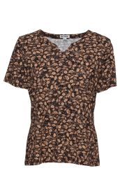 Damen Viskose-Mix-Shirt mit kurzem Arm, V-Ausschnitt und schwarzem Hintergrund, bedruckt mit floralem Muster in Beige und Blau