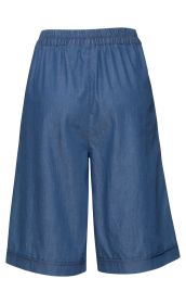 blaue Baumwoll-Hose mit elastischem Bund, knielang, weiter Schnitt, einfache Verarbeitung, ohne Muster, Rückansicht