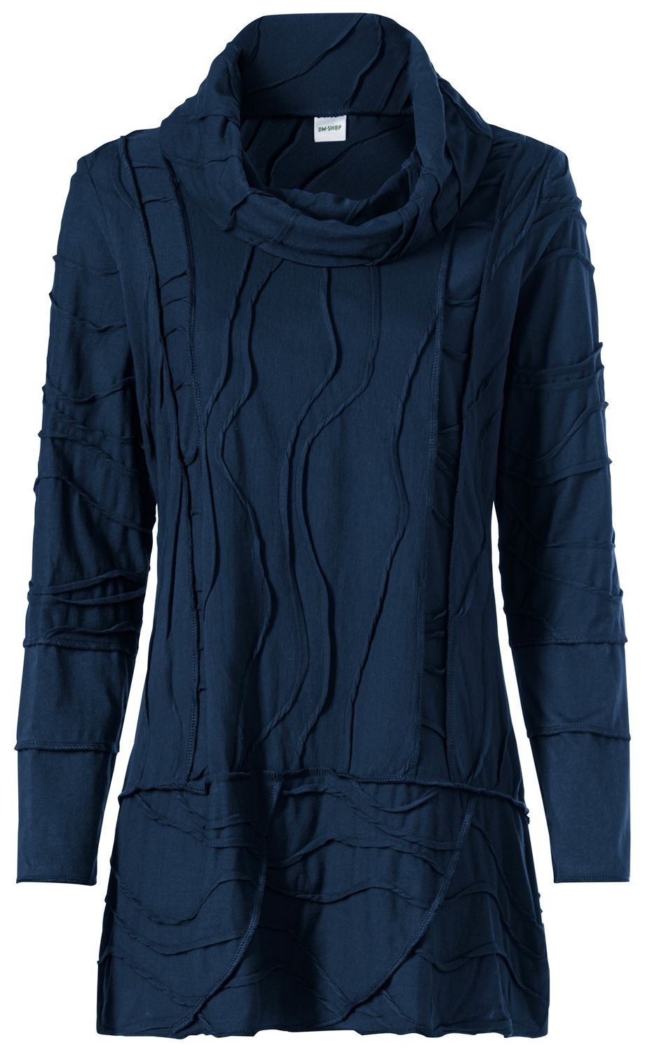 dunkelblaues Baumwoll-Shirt mit langem Arm, asymmetrischem Schnitt, dekorativen Nähten und verlängerter Rückenpartie, hoher Kragen, leicht strukturierte Oberfläche