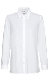 Weiße Baumwoll-Mix-Bluse mit langen Ärmeln, durchgehender Knopfleiste, Hemdkragen und Manschetten mit feinem, strukturiertem Muster, Größe 38, Frontansicht vor weißem Hintergrund.