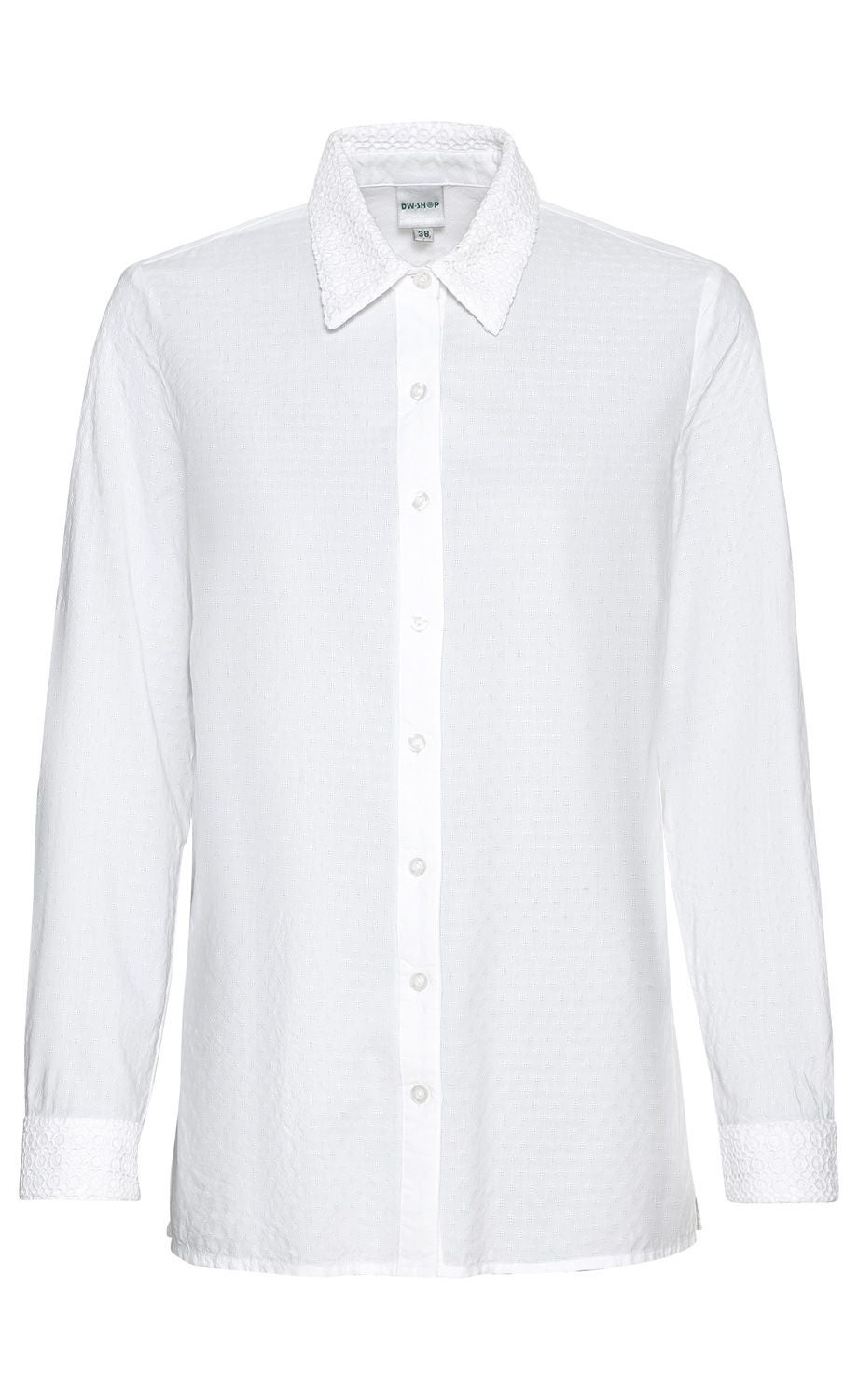 Weiße Baumwoll-Mix-Bluse mit langen Ärmeln, durchgehender Knopfleiste, Hemdkragen und Manschetten mit feinem, strukturiertem Muster, Größe 38, Frontansicht vor weißem Hintergrund.