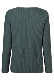 Baumwoll-Pullover, Rückansicht, dunkelgrün, strukturierte Strickmuster auf dem Rücken, glatte Ärmel, lange Ärmel, klassischer Rundhalsausschnitt, einfache Passform