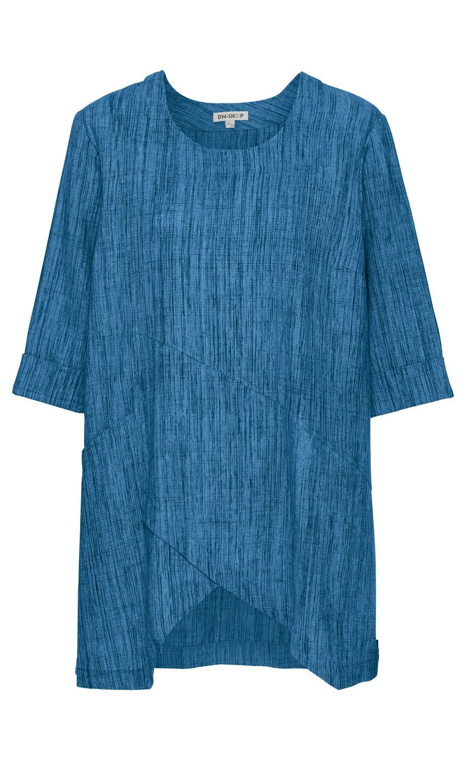 Baumwoll-Schlupfbluse in Blau mit 3/4-Ärmeln, rundem Halsausschnitt, asymmetrischem Saum und feiner Musterstruktur, locker geschnitten, leicht transparent, casual Design