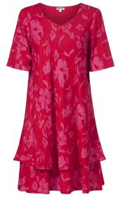 Rotes Baumwoll-Mix-Kleid mit kurzem Arm, V-Ausschnitt und floralen Druck in Rosatönen, zweiteiliger Stufenrock, fließende A-Linien-Silhouette, Größe 38, Marke DW-Shop
