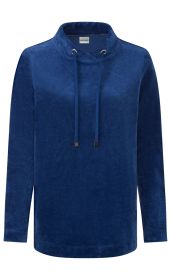 Damenpullover aus weichem, dunkelblauem Cordstoff mit langem Arm, Stehkragen und Kordelzug, lässiger Schnitt, ohne Muster, leichter Glanzeffekt