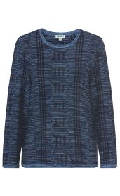 Baumwoll-Pullover langarm, rundhalsausschnitt, blauer und dunkelblauer Strick mit vertikalen Mustern, gerader Schnitt, Größe 38/38, Marke DW-SHOP