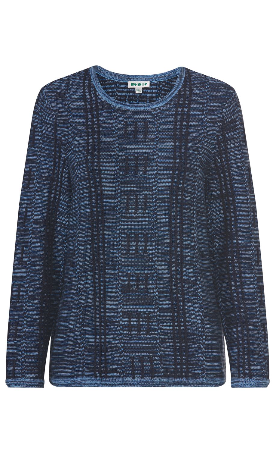 Baumwoll-Pullover langarm, rundhalsausschnitt, blauer und dunkelblauer Strick mit vertikalen Mustern, gerader Schnitt, Größe 38/38, Marke DW-SHOP
