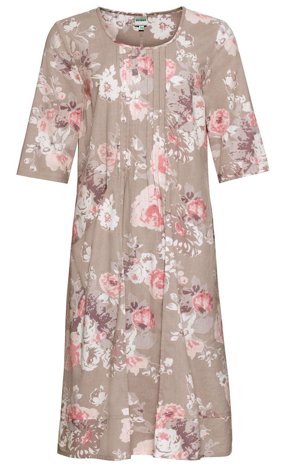 Damen Baumwoll-Mix-Kleid mit 3/4-Ärmeln, rundem Ausschnitt, beige Grundfarbe und floralem Muster in Weiß, Rosa und Violett, mit vertikalen Ziernähten am Vorderteil, knielang