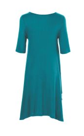 Viskose-Kleid in Petrol mit halblangen Ärmeln, rundem Halsausschnitt und leicht ausgestellt fallendem Schnitt, Rückenansicht, schlicht, fließender Stoff, locker sitzend, knielang