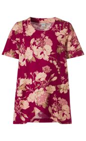 Baumwoll-Mix-Bluse in Pink mit großflächigem floralen Muster in Hellrosa und Grün, kurzärmelig, Rundhalsausschnitt, lockere Passform