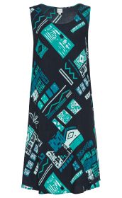 Ärmelloses Viskose-Kleid in Dunkelblau mit abstraktem Muster aus türkisfarbenen, hellblauen und weißen geometrischen Formen und Linien, Rundhalsausschnitt, leicht ausgestellt