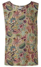 Ärmelloses Modal-Top mit rundem Ausschnitt, beiger Grundfarbe und farbenfrohem floralen Paisley-Muster in Grün, Blau, Pink, Gelb und Braun.
