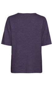 Leinen-Mix-Pullover, dunkellila, kurze Ärmel, Rundhalsausschnitt, gerade Passform, feine Strickstruktur, Rückansicht, schlicht, ohne Muster