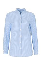 Baumwoll-Bluse mit langen Ärmeln, Stehkragen und durchgehender Knopfleiste, blau-weiß gestreift, gerader Schnitt, Manschetten am Ärmelabschluss, klassische Hemden-Optik