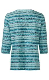 Baumwoll-Shirt mit 3/4-Ärmeln, Rückansicht, Muster aus horizontalen Streifen in verschiedenen Blautönen und Grau, locker geschnitten.