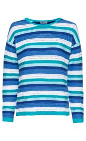 Baumwoll-Pullover in Blau-, Türkis- und Weißtönen mit horizontalen Streifen und leichtem Lochmuster, rundem Ausschnitt und langen Ärmeln, sportlich und bequem geschnitten