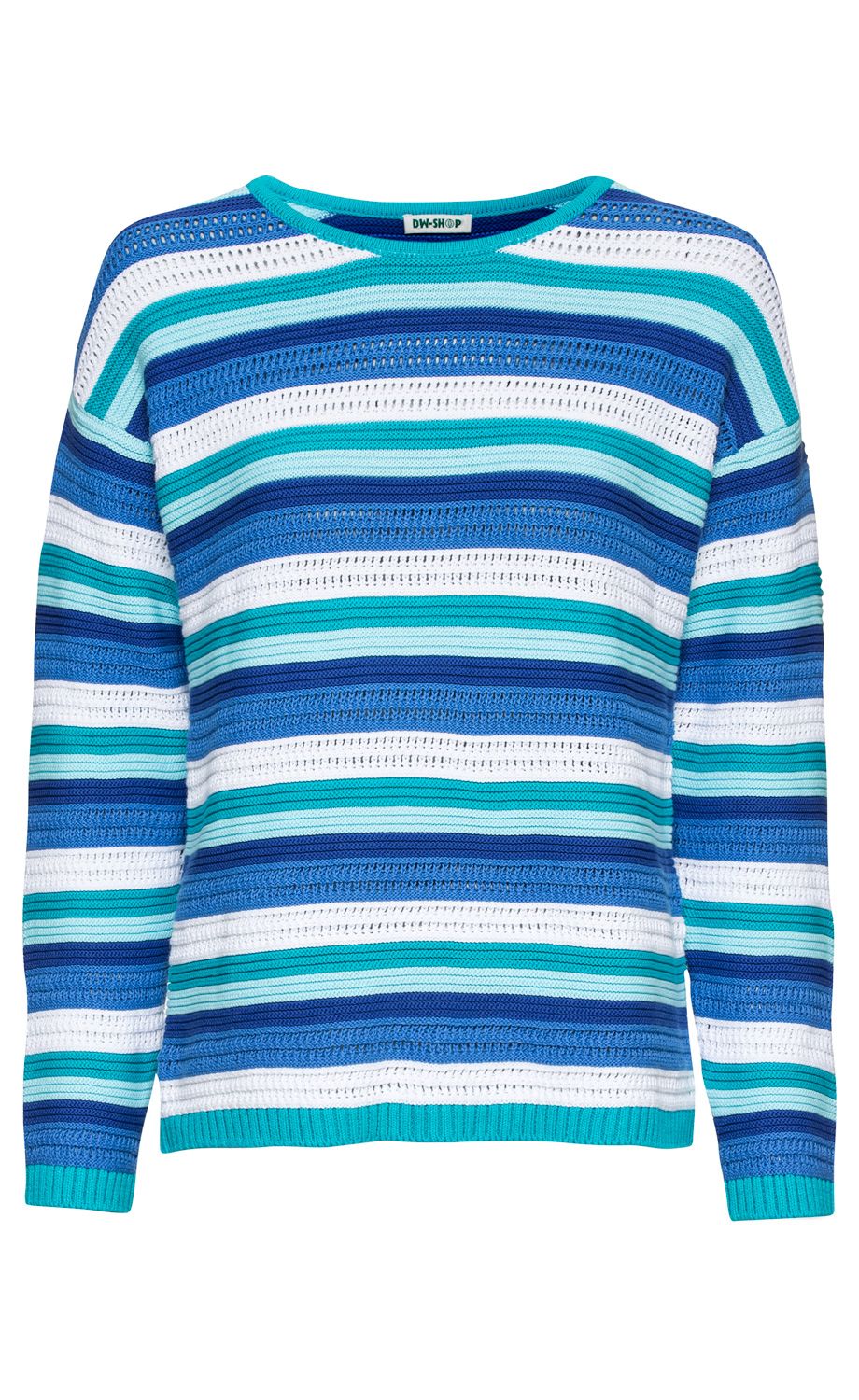 Baumwoll-Pullover in Blau-, Türkis- und Weißtönen mit horizontalen Streifen und leichtem Lochmuster, rundem Ausschnitt und langen Ärmeln, sportlich und bequem geschnitten