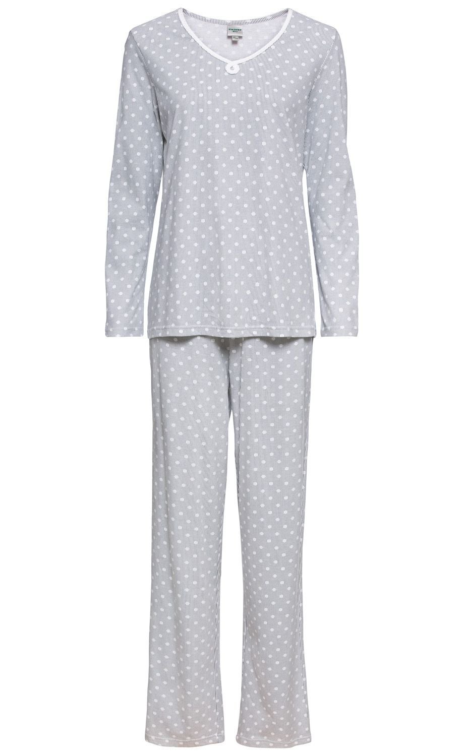 Baumwoll-Pyjama bestehend aus langärmeligem Oberteil und langer Hose, hellgrau mit weißen Punkten und feinen Streifen, V-Ausschnitt mit weißer Kante und Knopf, komfortabler Schnitt