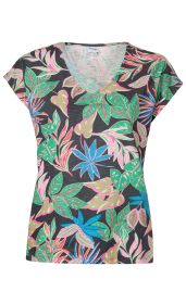 Baumwoll-Shirt mit V-Ausschnitt, kurzärmelig, schwarzer Grundfarbe, bunte tropische Blätter und Pflanzenmuster in Grün, Blau, Pink und Orange, figurbetonte Passform