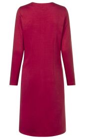 Baumwoll-Mix-Kleid in Rot, lange Ärmel, schlichte Rückansicht ohne Muster oder Verzierungen, knieumspielende Länge, figurbetonte Nahtführung, Rundhalsausschnitt, glatter Stoff, dezenter, eleganter Stil
