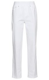Weiße Baumwoll-Mix-Hose mit elastischem Bund, geradem Bein, zwei vorderen Taschen mit Nieten, ohne sichtbaren Verschluss, schlichtes Design, klassischer Schnitt, geeignet für den Alltag.