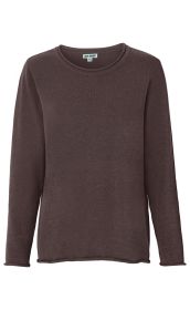 dunkelbrauner, langärmliger Pullover aus feinem, geripptem Stoff mit rundem Halsausschnitt und leichter Wellenkante am Saum und an den Ärmelenden