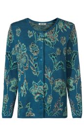 Baumwoll-Strickjacke in Blau mit floralem Muster, Rundhalsausschnitt, durchgehender Knopfleiste und langen Ärmeln, strukturierte Strickoptik, Knöpfe in Blau passend zum Hauptfarbton.