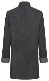 dunkelgraue Woll-Mix-Jacke, Rückansicht, mittellang, schlichter Schnitt, umgeschlagene Ärmelbündchen in hellerem Grau, stehkragen, gerade Saum, dezente Mittelnaht, ohne sichtbare Verschlüsse oder Verzierungen