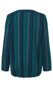 Baumwoll-Bluse mit langen Ärmeln, Rückansicht, in grün-blau gestreiftem Muster, lockerer Schnitt, minimal ausgestellt, ohne Kragen, aus leicht strukturiertem Stoff