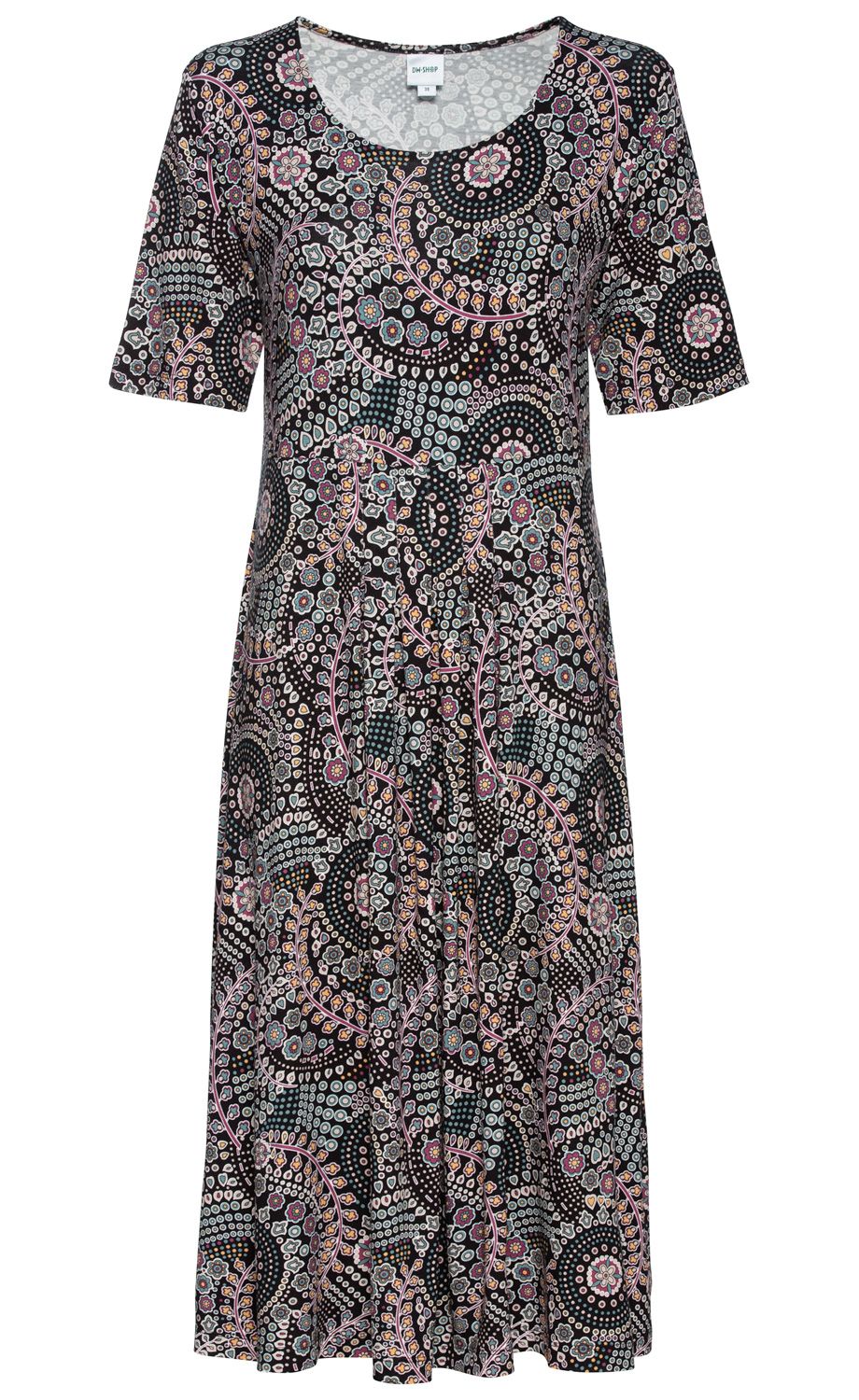 Viskose-Mix-Kleid mit halblangen Ärmeln, rundem Ausschnitt und ausgestelltem Rock, schwarzgrundig mit buntem, floralen Paisley-Muster in Rosa, Blau, Gelb und Weiß
