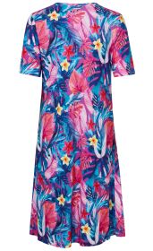 Viskose-Kleid mit kurzärmeligem, lockerem Schnitt, farbenfrohem tropischem Muster aus pinken, blauen, roten und gelben Blättern und Blumen, Rückansicht, knielang