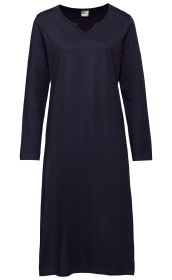 Dunkelblaues Baumwoll-Nachthemd mit langem Arm und V-Ausschnitt, knielang, schlicht, komfortabler Schnitt, für Damen, gefertigt aus weichem, atmungsaktivem Material